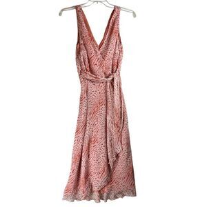 Redux 100% Silk Dress Size 8 Coral Abstract Print Wrap Midi Dress Lined